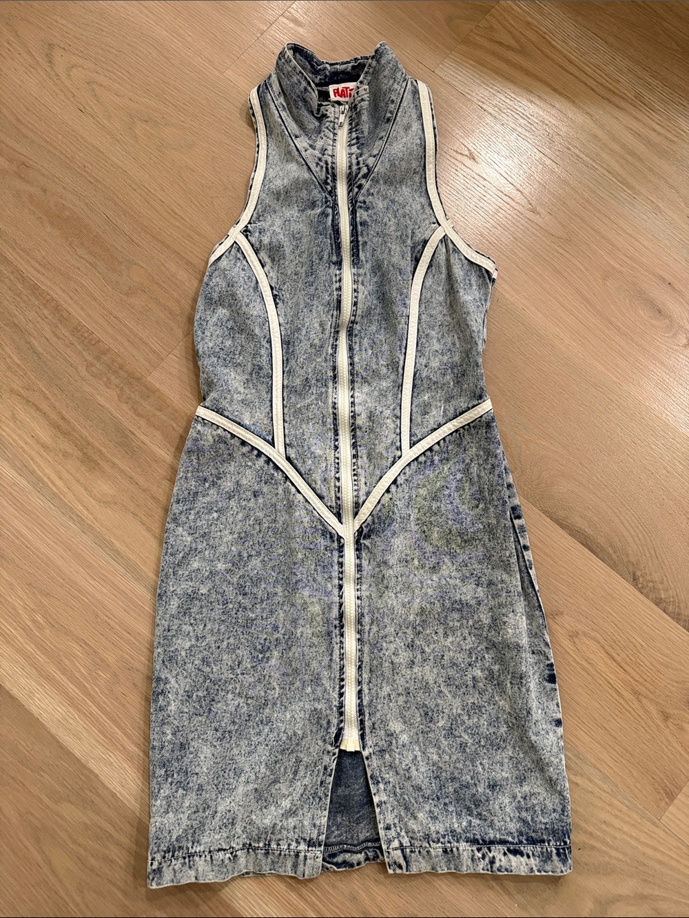 Vintage 80s Flirt Acid Wash Denim Zip Front Bodycon Mini Dress Size 6 High Neck